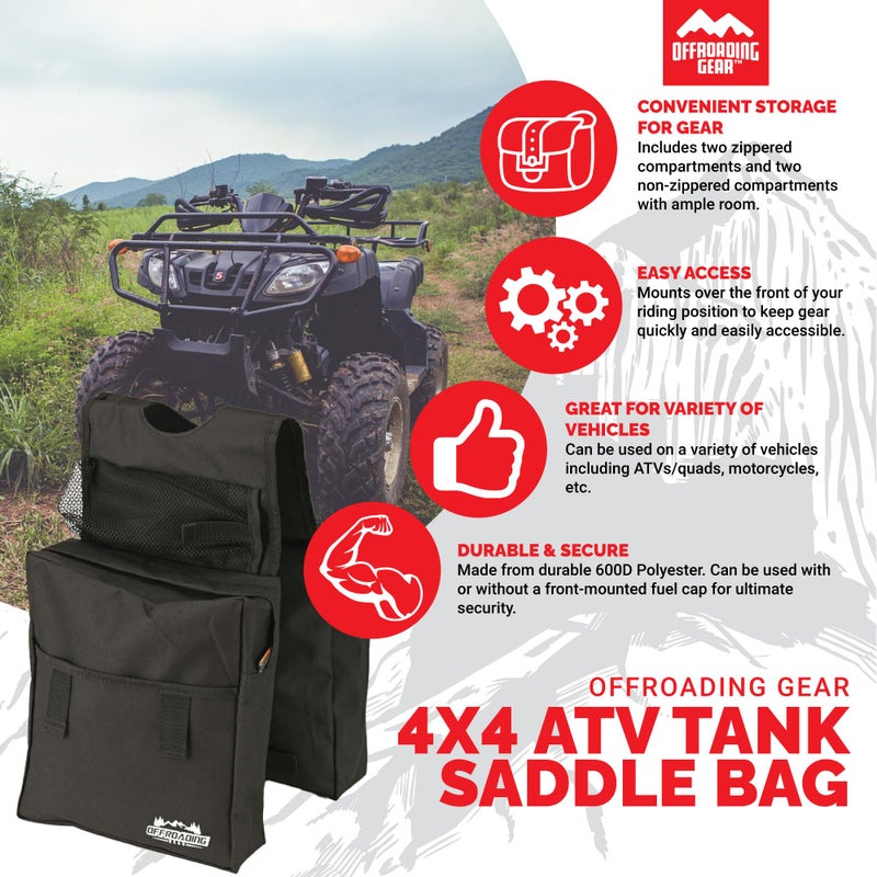 Offroading Gear 4x4 Waterproof Rear and Front Tank-Top Saddle Bag| With Two Compartments| Great for ATV| UTV| Snow Mobile| Quad Bike| Motorcycle| Etc. | Black - Image 2
